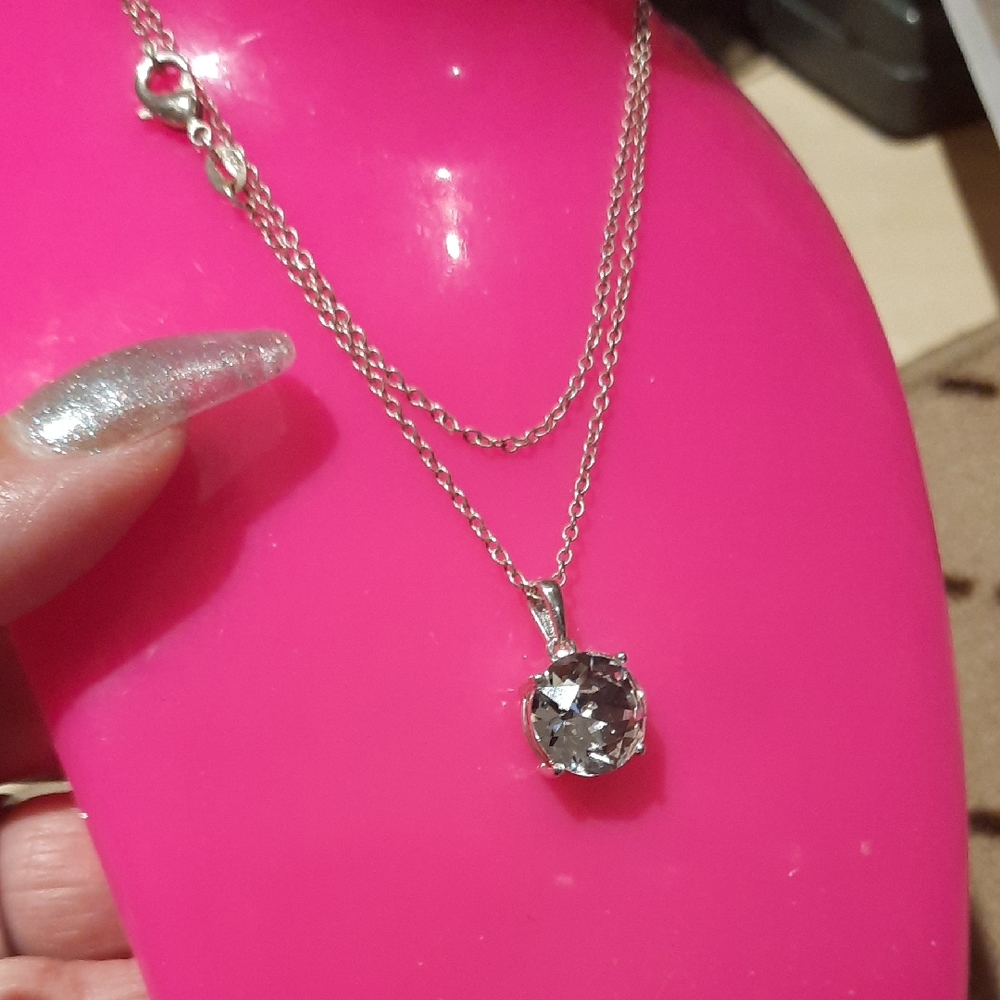 Elegant HUGE Faux Diamond Solitaire Silver Pendant Necklace